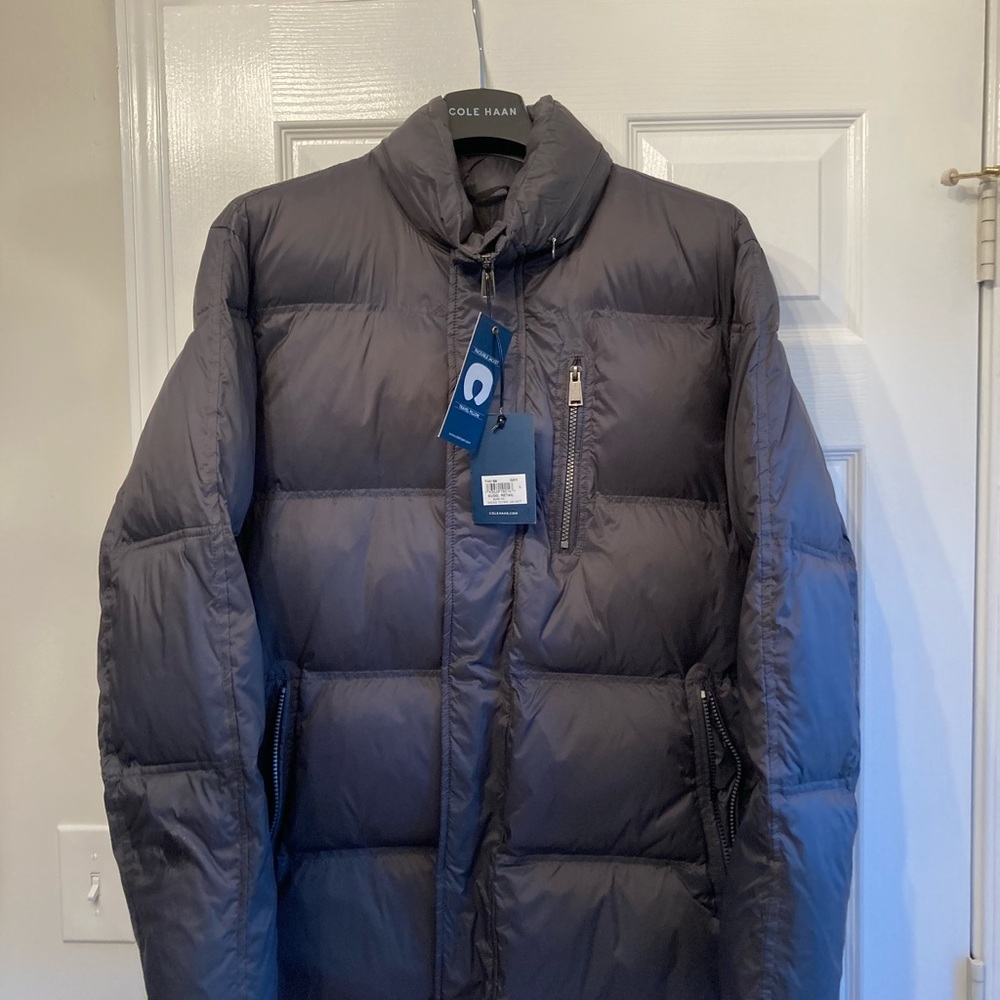 Mens Cole Haan puffer jacket- NEW with tags- beautiful dark gray- packable pouch